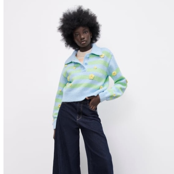 Zara Sweaters Zara Floral Embroidered Knit Polo Sweater Poshmark
